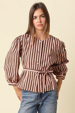 Load image into Gallery viewer, NEWEST ARRIVAL Brown/Pink Striped Peplum Belted Blouse
