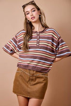Load image into Gallery viewer, NEWEST ARRIVAL Brown/Blue Multi Striped Henley Knit Top
