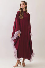 Load image into Gallery viewer, NEWEST ARRIVAL Burgundy Feather Trim Caftan Maxi Dress
