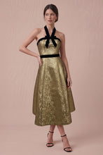 Load image into Gallery viewer, NEWEST ARRIVAL Gold/Black Jacquard Front Bow Midi Dress
