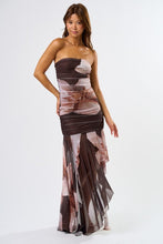 Load image into Gallery viewer, NEWEST ARRIVAL Brown Strapless Floral Ruched Dress
