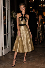 Load image into Gallery viewer, NEWEST ARRIVAL Gold/Black Jacquard Front Bow Midi Dress
