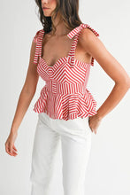 Load image into Gallery viewer, NEWEST ARRIVAL Red Striped Shoulder Tie Peplum Blouse
