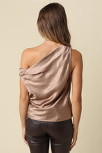 Load image into Gallery viewer, NEWEST ARRIVAL Mocha Satin Draped One Shoulder Top
