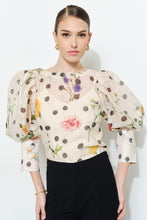 Load image into Gallery viewer, NEWEST ARRIVAL Cream Polka Dot Floral Sheer Puff Sleeve Blouse

