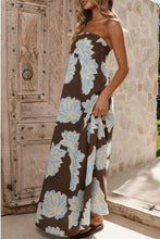 Load image into Gallery viewer, NEWEST ARRIVAL Brown Floral Print Strapless Maxi Dress
