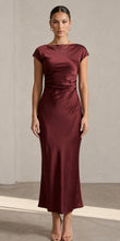Load image into Gallery viewer, NEWEST ARRIVAL Wine Satin Boat Neck Ankle Length Midi Dress

