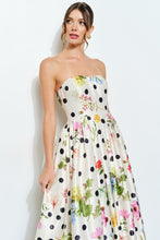 Load image into Gallery viewer, NEWEST ARRIVAL Ivory Polka Dot Floral Strapless Midi Dress
