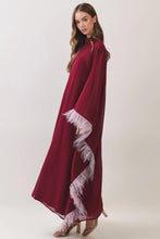 Load image into Gallery viewer, NEWEST ARRIVAL Burgundy Feather Trim Caftan Maxi Dress

