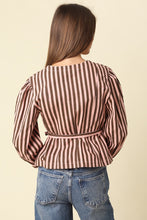 Load image into Gallery viewer, NEWEST ARRIVAL Brown/Pink Striped Peplum Belted Blouse
