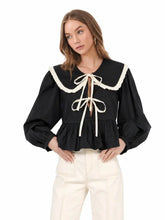 Load image into Gallery viewer, NEWEST ARRIVAL Black Peter Pan Collar Front Tie Blouse
