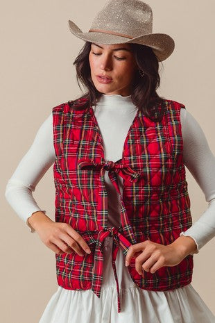 FINAL SALE Red Plaid Front Tie Vest