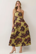 Load image into Gallery viewer, NEWEST ARRIVAL *PREORDER 10/6* Chartreuse Olive Green/Brown Bold Floral Strapless Maxi Dress
