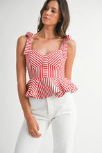 Load image into Gallery viewer, NEWEST ARRIVAL Red Striped Shoulder Tie Peplum Blouse
