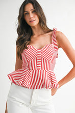 Load image into Gallery viewer, NEWEST ARRIVAL Red Striped Shoulder Tie Peplum Blouse
