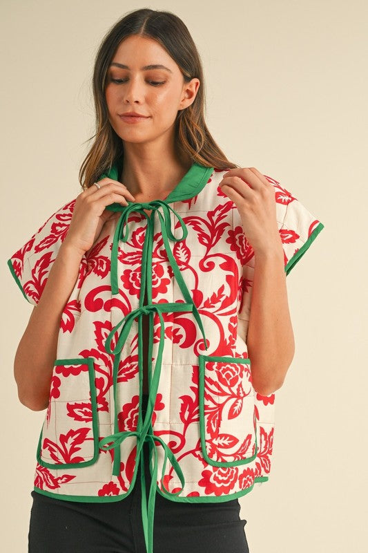 FINAL SALE Red/Green Printed Reversible Front Tie Vest