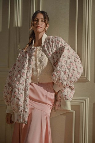 ONLINE ONLY Pink Floral Sleek Quilted Oversized Jacket