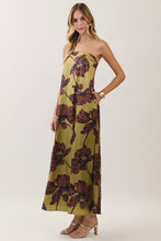 Load image into Gallery viewer, NEWEST ARRIVAL *PREORDER 10/6* Chartreuse Olive Green/Brown Bold Floral Strapless Maxi Dress
