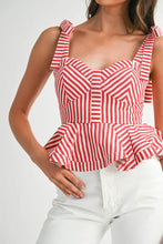 Load image into Gallery viewer, NEWEST ARRIVAL Red Striped Shoulder Tie Peplum Blouse
