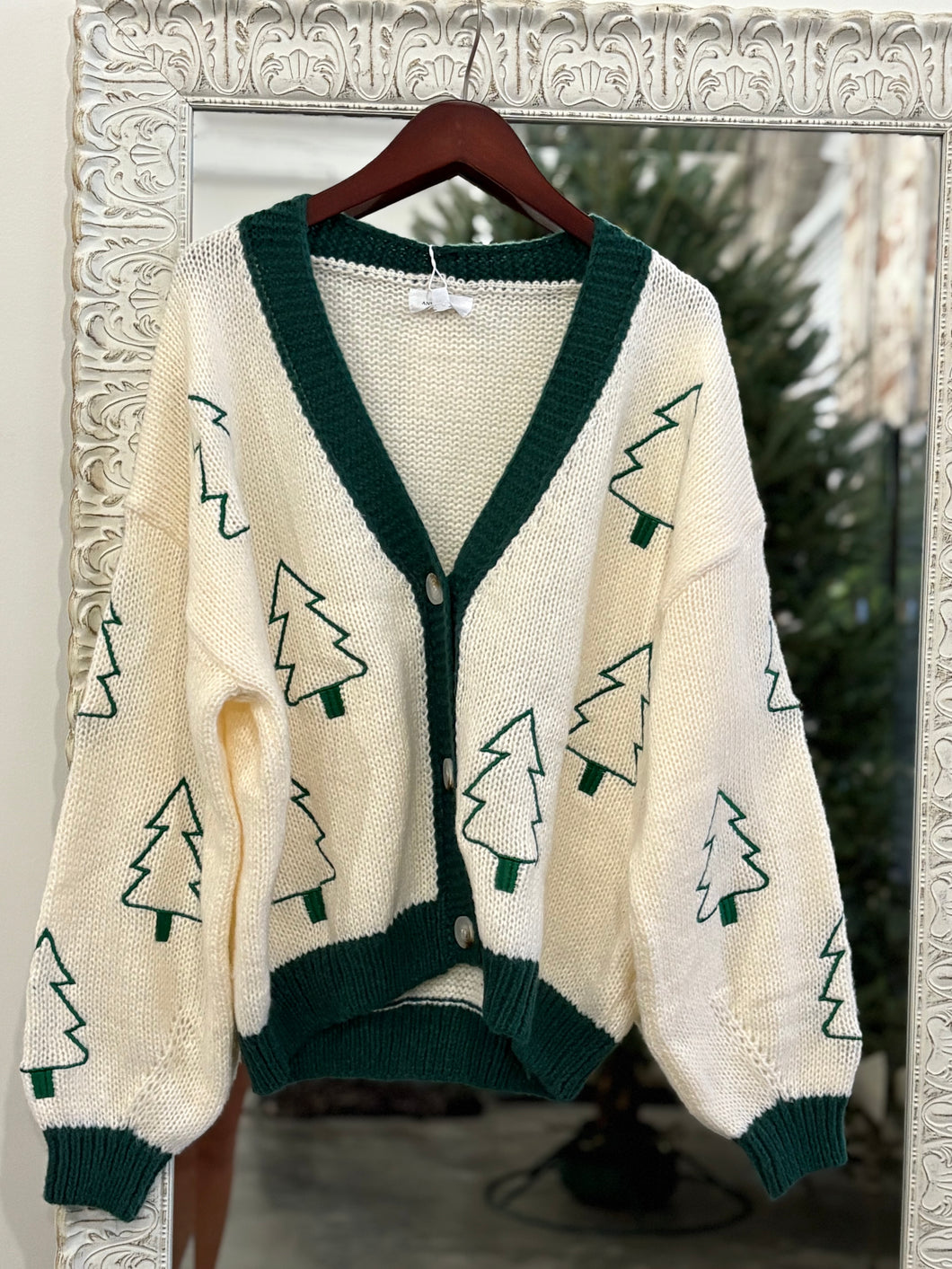 LAST ONE FINAL SALE Green Christmas Tree Embroidered Sweater Cardigan