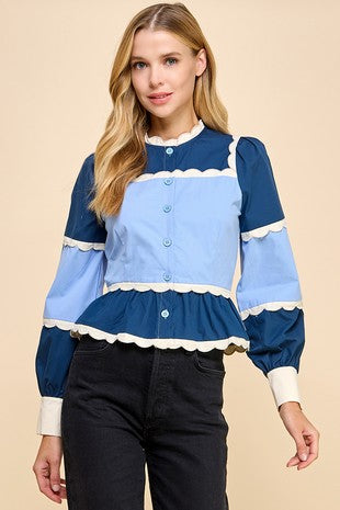 Navy/Blue Scalloped Peplum Blouse