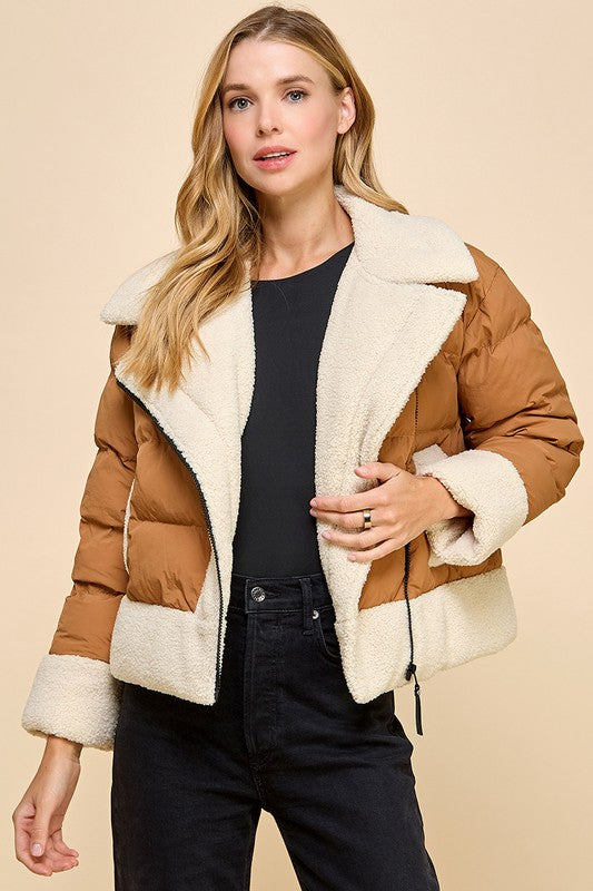 ONLINE ONLY Camel Sherpa Trim Puffer Jacket