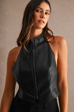 Load image into Gallery viewer, NEWEST ARRIVAL Black Pleather Zipper Front Halter Top
