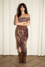 Load image into Gallery viewer, NEWEST ARRIVAL *PREORDER 9/4* Brown Bohemian Print Fitted Fringe Dress
