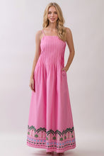 Load image into Gallery viewer, NEWEST ARRIVAL *PREORDER 6/26* Pink Palm Tree Border Maxi Dress
