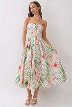 Load image into Gallery viewer, NEWEST ARRIVAL *PREORDER 6/26* Tropical Botanical Pleated Midi Dress
