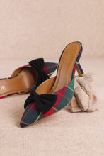 Load image into Gallery viewer, NEWEST ARRIVAL Green/Red Plaid Bow Kitten Heel Mules

