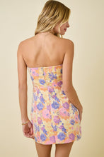 Load image into Gallery viewer, NEWEST ARRIVAL Yellow Multi Color Floral Jacquard Strapless Mini Dress

