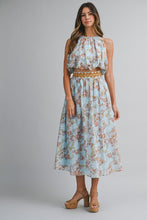 Load image into Gallery viewer, NEWEST ARRIVAL Blue/Brown Floral Halter Bubble Midi Skirt Set
