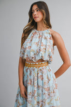 Load image into Gallery viewer, NEWEST ARRIVAL Blue/Brown Floral Halter Bubble Midi Skirt Set
