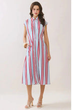 Load image into Gallery viewer, NEWEST ARRIVAL Blue/Red Striped Button Down Midi Dress
