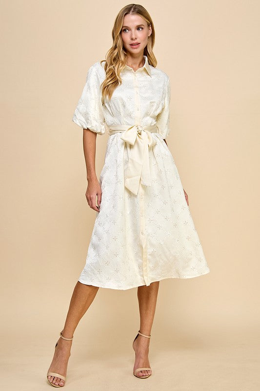 Cream Satin Sequin Detail Button Down Midi Dress