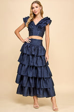 Load image into Gallery viewer, Navy Shimmer Ruffle Skirt Set
