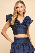 Load image into Gallery viewer, Navy Shimmer Ruffle Skirt Set
