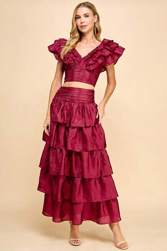 SALE Burgundy Shimmer Ruffle Skirt Set