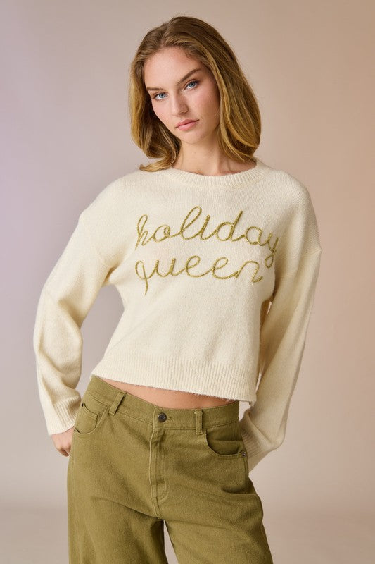 FINAL SALE Cream/Gold 3D Stitch Holiday Queen Knit Sweater