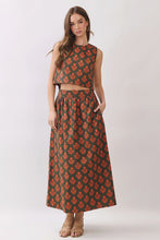 Load image into Gallery viewer, NEWEST ARRIVAL *PREORDER 8/14* Olive/Orange Floral Print Midi Skirt Set
