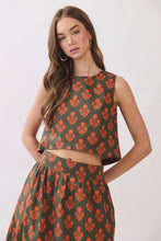 Load image into Gallery viewer, NEWEST ARRIVAL *PREORDER 8/14* Olive/Orange Floral Print Midi Skirt Set
