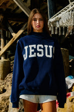 Load image into Gallery viewer, NEWEST ARRIVAL Navy JESUS Embroidered Mockneck Sweatshirt
