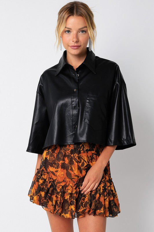 LAST ONE Black Pleather Oversized Button Down Top