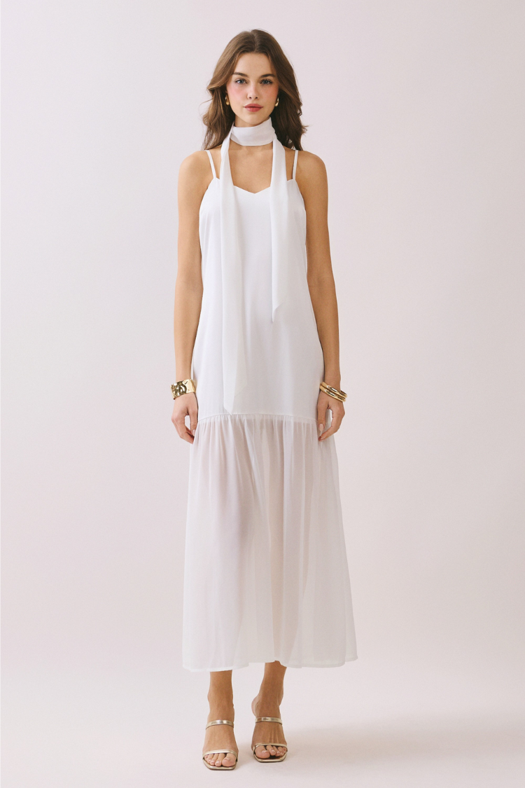 FINAL SALE White Neck Scarf Satin Maxi Dress – Five Points Boutique