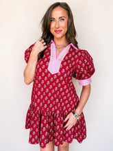 Load image into Gallery viewer, NEWEST ARRIVAL Burgundy Floral Print Ruffle Hem Dress
