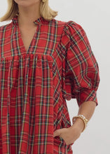 Load image into Gallery viewer, Christmas Red or Navy Plaid Puff Sleeve Dress
