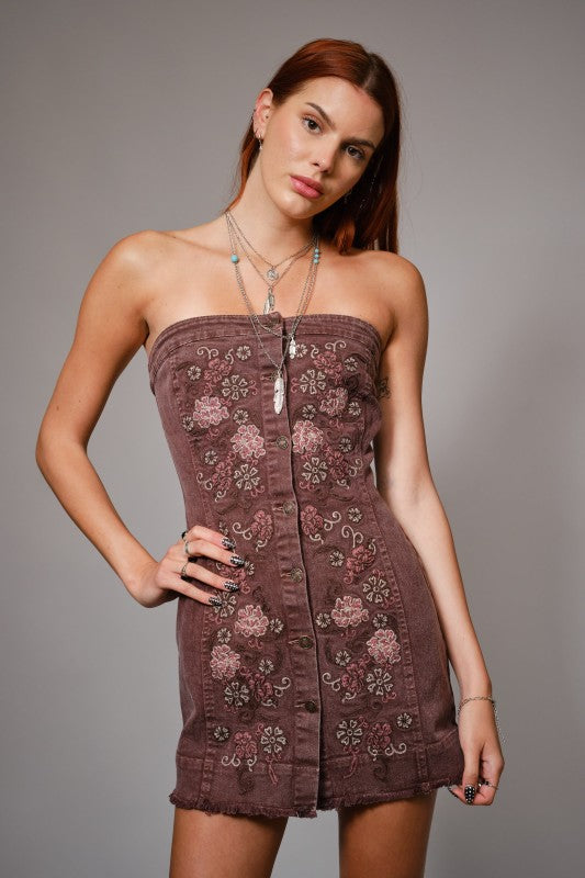 NEWEST ARRIVAL Plum Floral Embroidered Strapless Denim Dress
