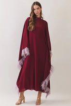 Load image into Gallery viewer, NEWEST ARRIVAL Burgundy Feather Trim Caftan Maxi Dress
