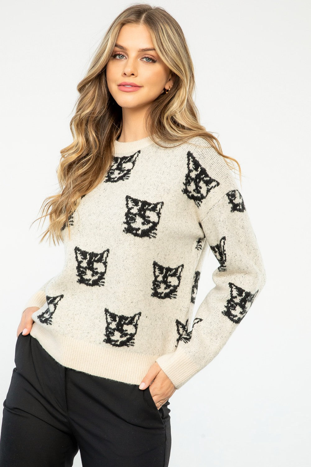 NEWEST ARRIVAL THML Cat Print Knit Sweater
